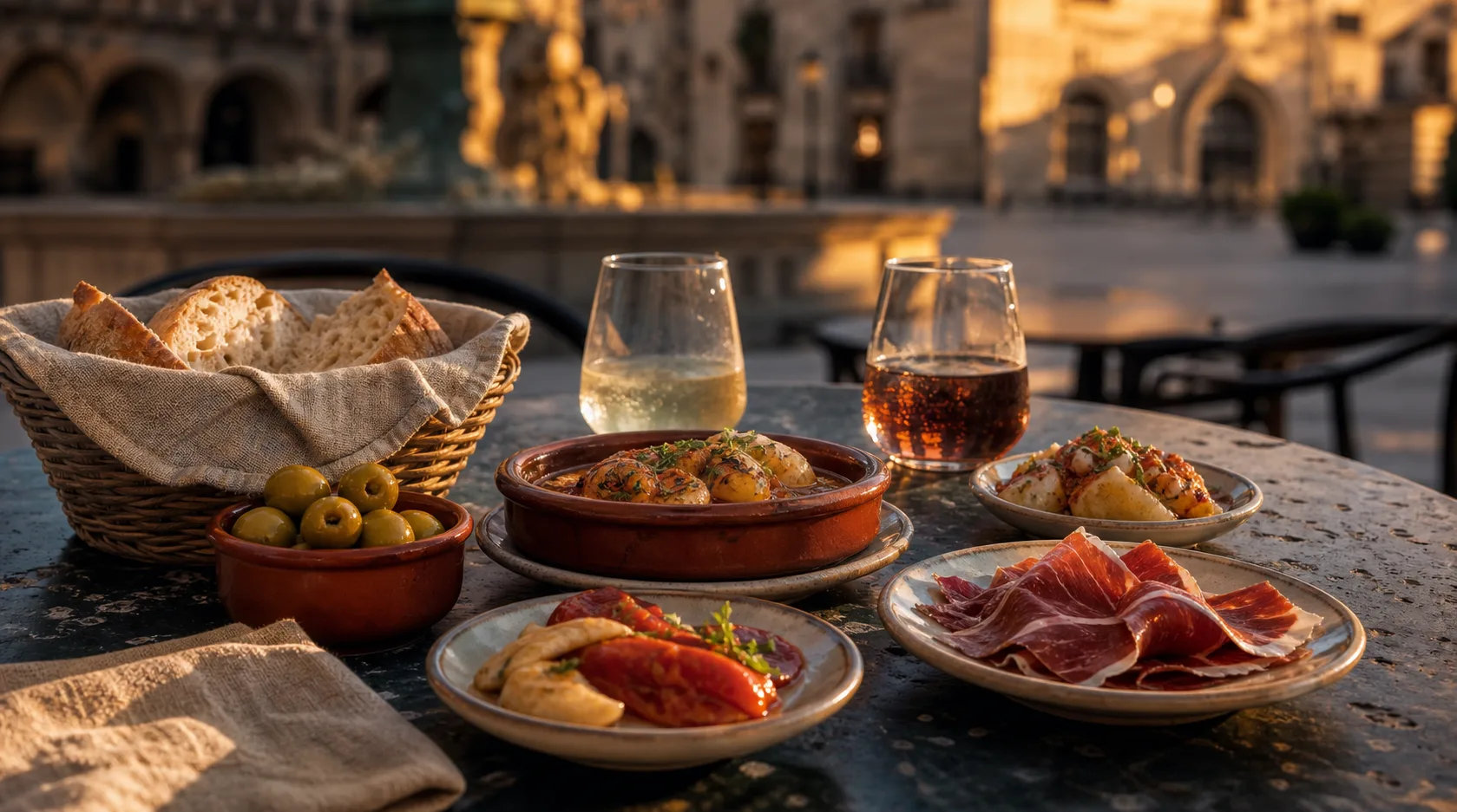 Mesa de tapas al atardecer en una plaza andaluza